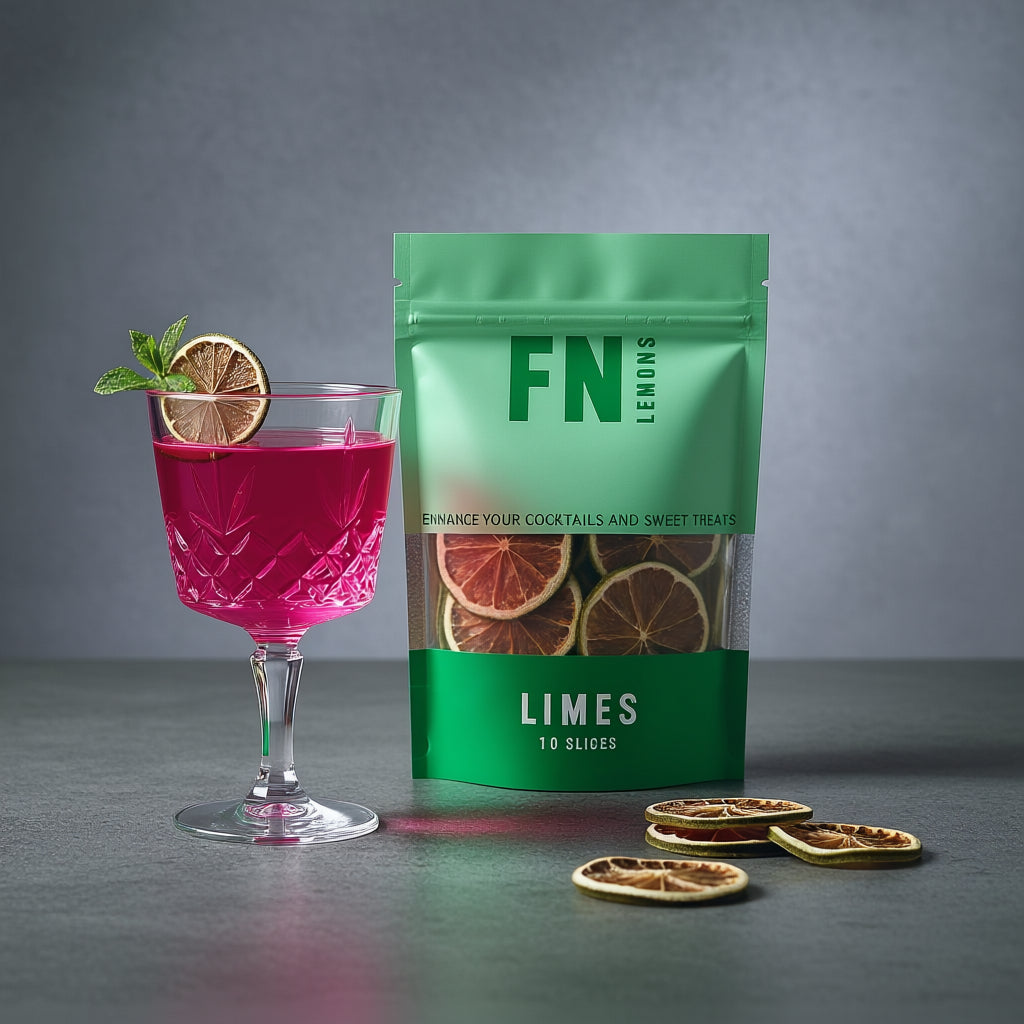 Load image into Gallery viewer, A pouch of FN Lemons Dehydrated Lime Slice Garnishes next to a pink cocktail with lime slices on a grey background