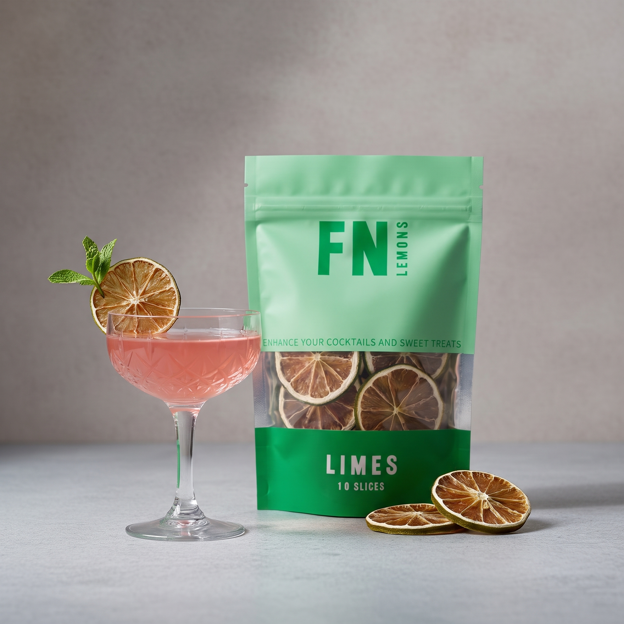 Load image into Gallery viewer, A stand-up pouch of FN Lemons limes cocktail and sweet treats slices stands on a light gray surface beside a coupe glass filled with pink drink and garnished with a dried lime slice and mint. Two loose dried lime slices sit in front of the pouch against a soft gray studio background.