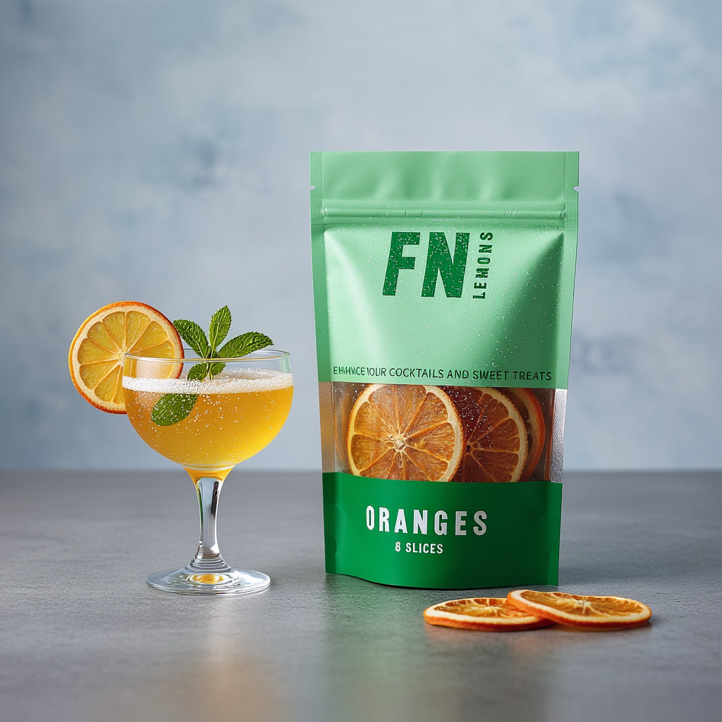 Load image into Gallery viewer, A pouch of FN Orange Garnish Slices next to a cocktail and orange slices on a grey background