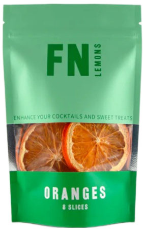 Load image into Gallery viewer, Pouch of F N Lemons Orange garnish slices. The bag is green with text and images of oranges.