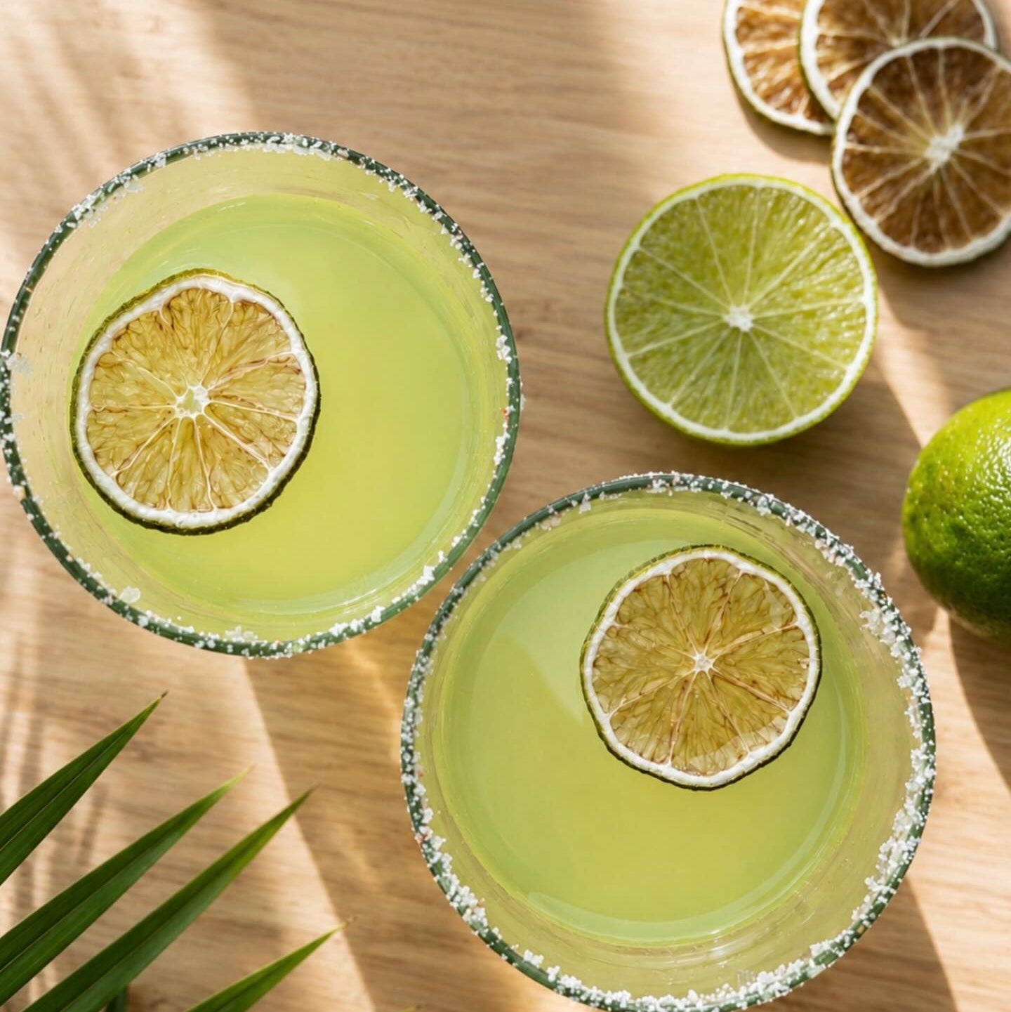 Load image into Gallery viewer, Two margarita glasses with salted rims filled with pale yellow-green drink and FN Lemon lime wheels, arranged on a wooden surface with sliced limes, dried lime slices, and green leaves.
