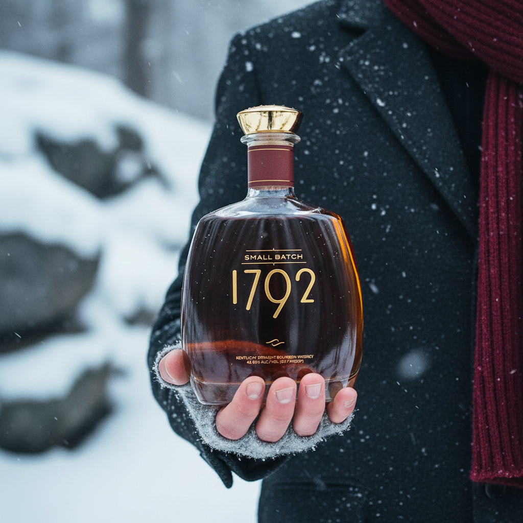 Load image into Gallery viewer, A person in a snowy outdoor setting holds a bottle of 1792 Small Batch bourbon whiskey. The person is wearing a dark coat and a burgundy scarf.