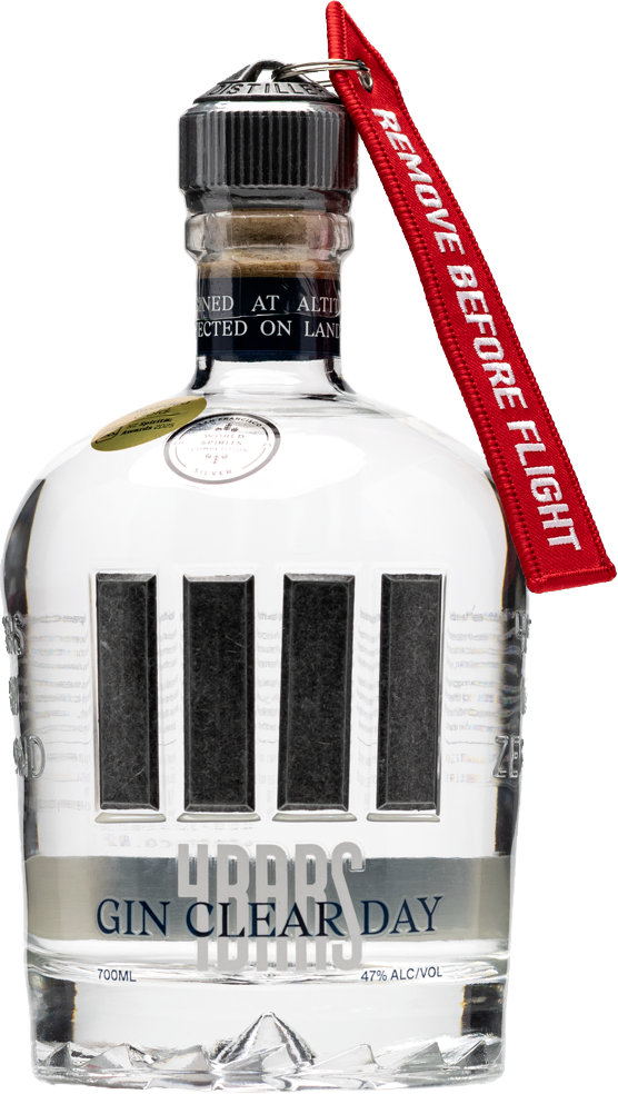 Bottle of 4 Bars Gin Clear Day with a red 'rip tag' attached to the metal cap and cork closure on a white background
