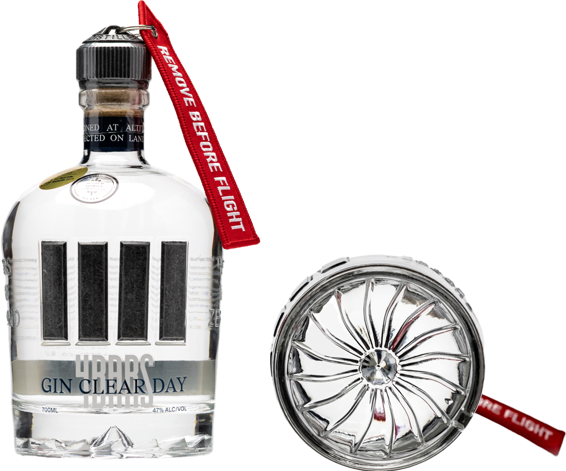 Load image into Gallery viewer, A clear glass bottle of 4 bars Gin Clear Day with a metallic cap and a red hanging tag, shown alongside a the bottom view of the bottle replicating a jet engine from the front on a plain white background.