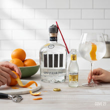 Load image into Gallery viewer, 4 BARS Gin bottle, glass, and oranges on a kitchen counter with 'Cove 27' branding.