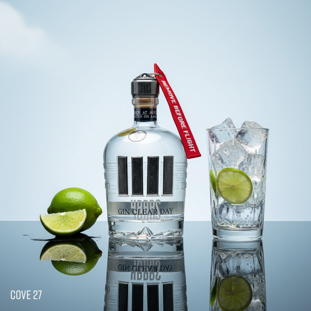 Load image into Gallery viewer, Bottle of 4 Bars Gin Clear Day with a glass of ice and lime on a reflective surface