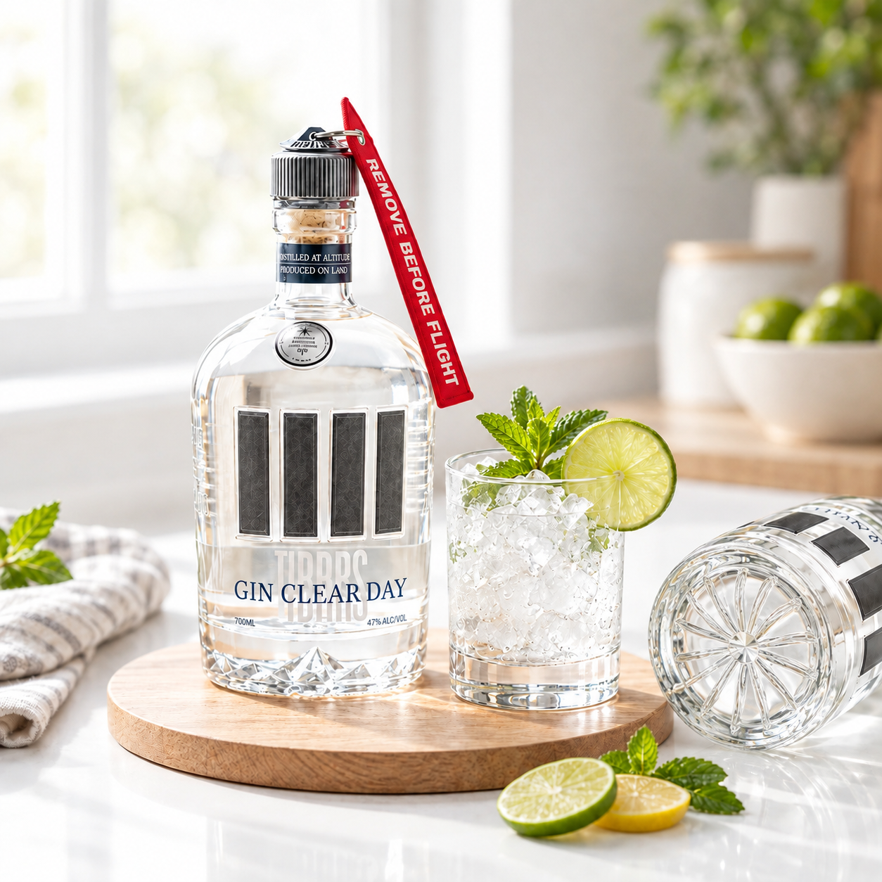 Load image into Gallery viewer, A clear glass bottle of 4 Bars Gin Clear Day with a metallic cap and a red hanging tag, styled on a wooden tray beside a clear glass filled with ice, mint, and a lime slice in a bright kitchen setting.