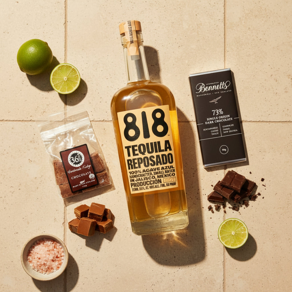 Load image into Gallery viewer, A bottle of 818 Tequila Reposado surrounded by ingredients on a beige stone surface: limes, chocolate pieces, a bag of 36 Degrees chocolate fudge, and a Bennett's dark chocolate bar.