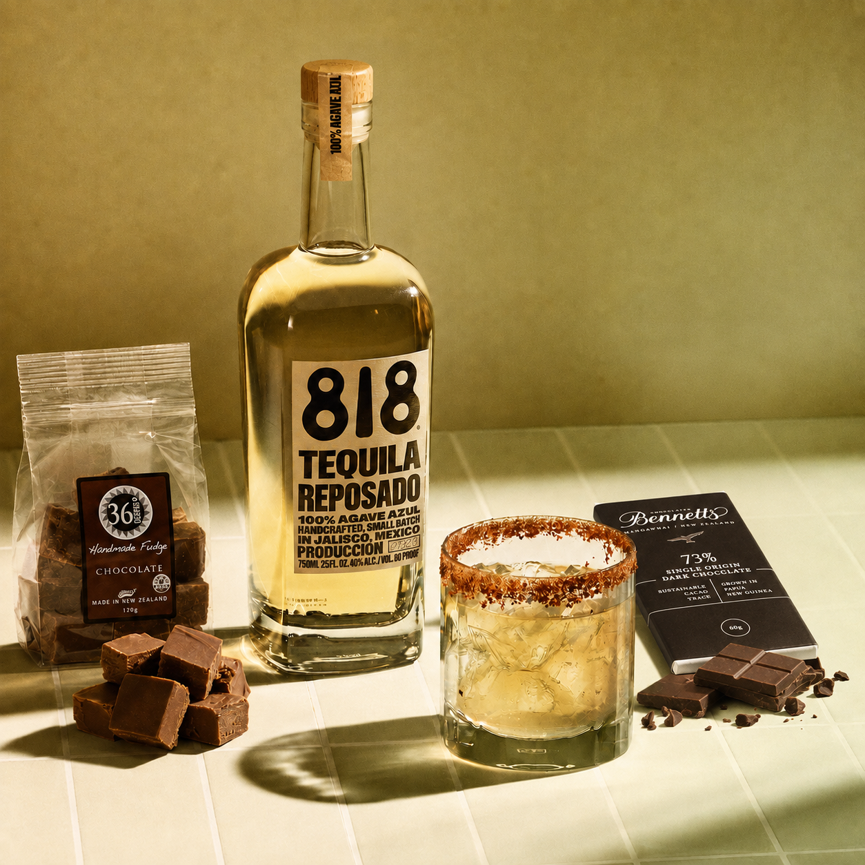 Load image into Gallery viewer, A bottle of 818 Tequila Reposado stands on a tabletop beside a rimmed glass filled with ice, chocolate pieces, a bag of 36 Degrees Chocolate fudge, and a Bennett's 73% dark chocolate bar against a warm olive-green background.