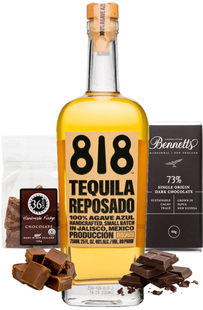 A bottle of 818 Tequila Reposado centred on a white background, flanked by a bag of 36 Degrees Chocolate Handcrafted Fudge and a bar of Bennett 73% Single Origin Dark Chocolate, with chocolate chunks placed at the base.