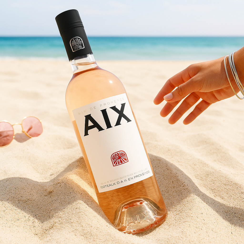 Magnum bottle of AIX rosé wine on a sandy beach with sunglasses and a hand in the background.