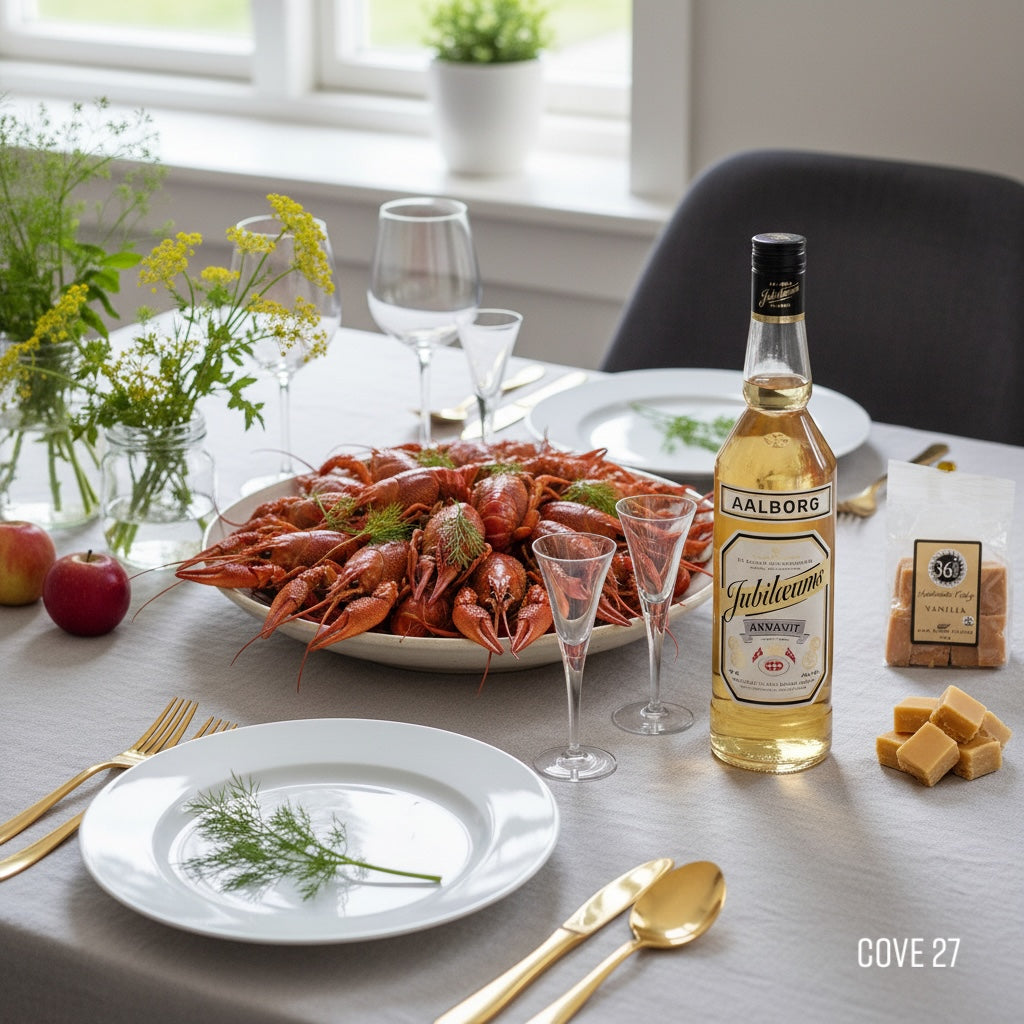 Load image into Gallery viewer, Dinner table set for a Scandinavian mid-summer party with food and a bottle of Aalborg Jubilaums Aquavit, and appetizers.