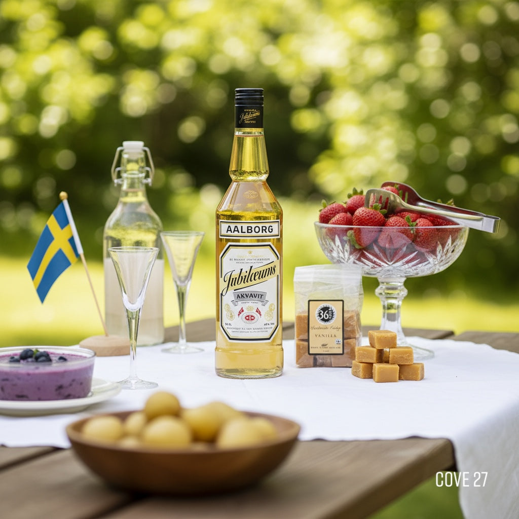 Load image into Gallery viewer, A table set for a Swedish mid-summer party with food and a bottle of Aalborg Jubilaums Aquavit, strawberries, and other snacks outdoors.