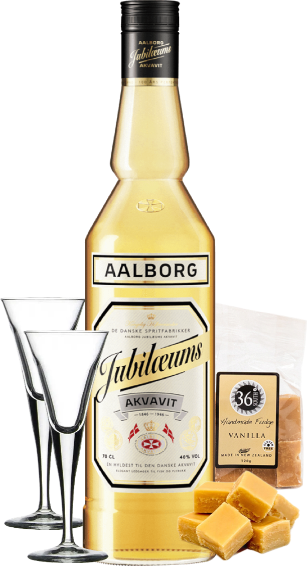 Load image into Gallery viewer, Bottle of Aalborg Jubileums Akvavit with two glasses and vanilla candy on a white background