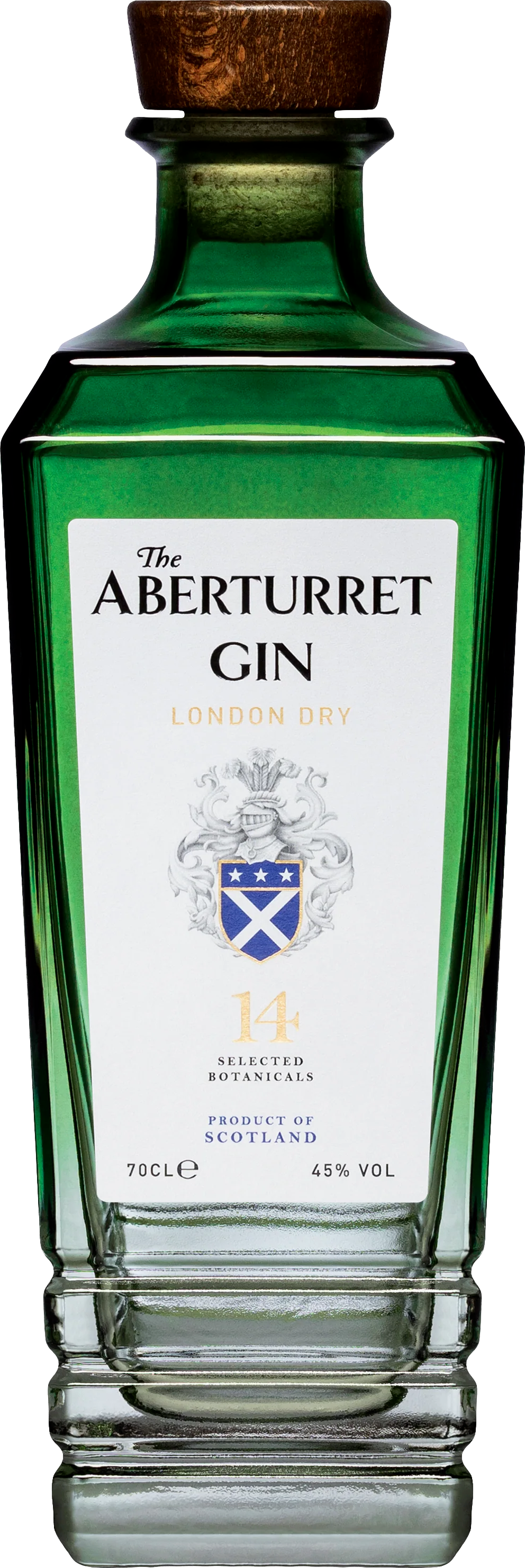 Load image into Gallery viewer, A bottle of The Aberturret London Dry Gin, featuring a green glass bottle, a brown wooden stopper, and a white label with a blue and white shield crest.