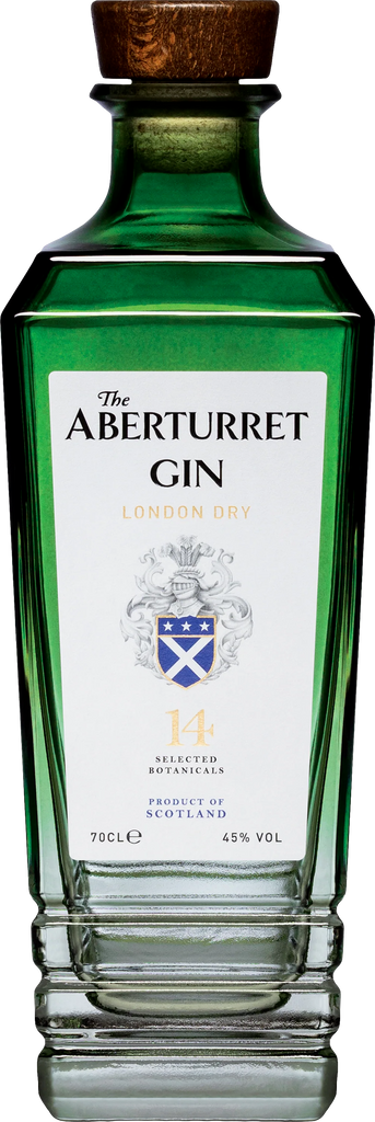 A bottle of The Aberturret London Dry Gin, featuring a green glass bottle, a brown wooden stopper, and a white label with a blue and white shield crest.