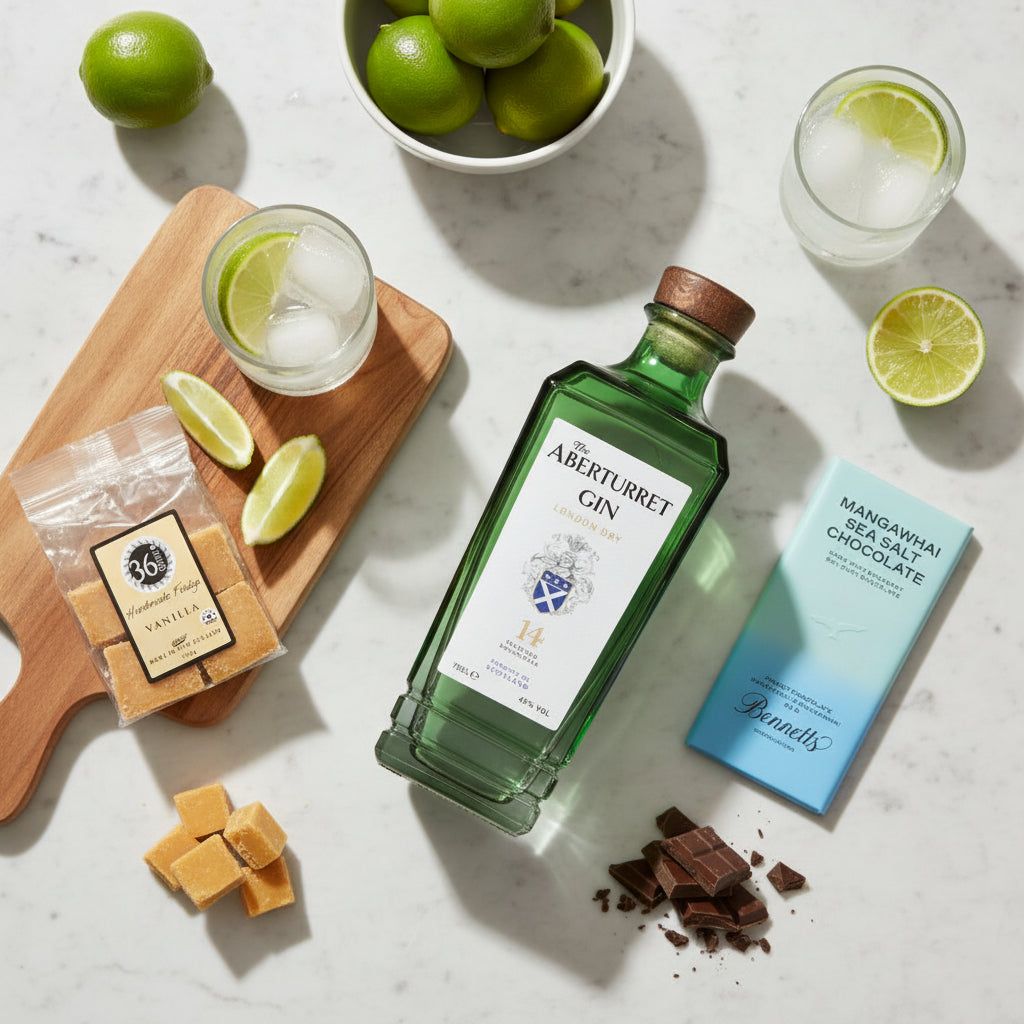 Load image into Gallery viewer, A styled flat-lay featuring a bottle of Aberturret Gin as the central product, surrounded by limes, a glass of gin with lime, a Bennett's Mangawhai Sea Salt chocolate bar box, and vanilla fudge cubes on a light marble surface.
