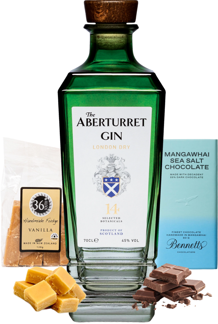 Load image into Gallery viewer, A green glass bottle of The Aberturret Gin London Dry centered on a white background, surrounded by product ingredients including two square pieces of caramel, a bag of 36 Degrees Handmade Fudge Vanilla, a blue package of Bennett's Mangawhai Sea Salt Chocolate, and chocolate chunks.