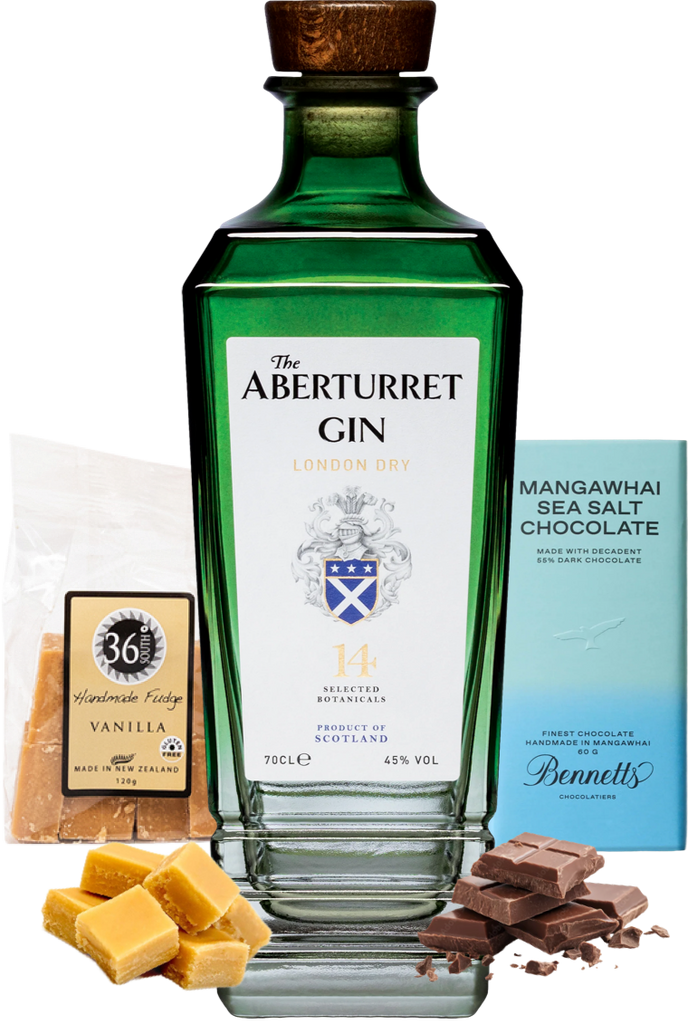 A green glass bottle of The Aberturret Gin London Dry centered on a white background, surrounded by product ingredients including two square pieces of caramel, a bag of 36 Degrees Handmade Fudge Vanilla, a blue package of Bennett's Mangawhai Sea Salt Chocolate, and chocolate chunks.