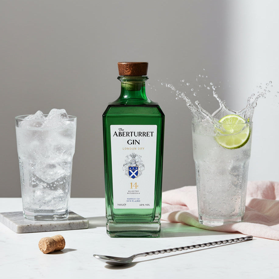 Load image into Gallery viewer, A bottle of Aberturret Gin London Dry gin stands on a white surface between two tall glasses of sparkling gin with ice, one with a lime wheel and a splash effect. A cork, spoon, and pale pink cloth are arranged around it against a soft gray background.