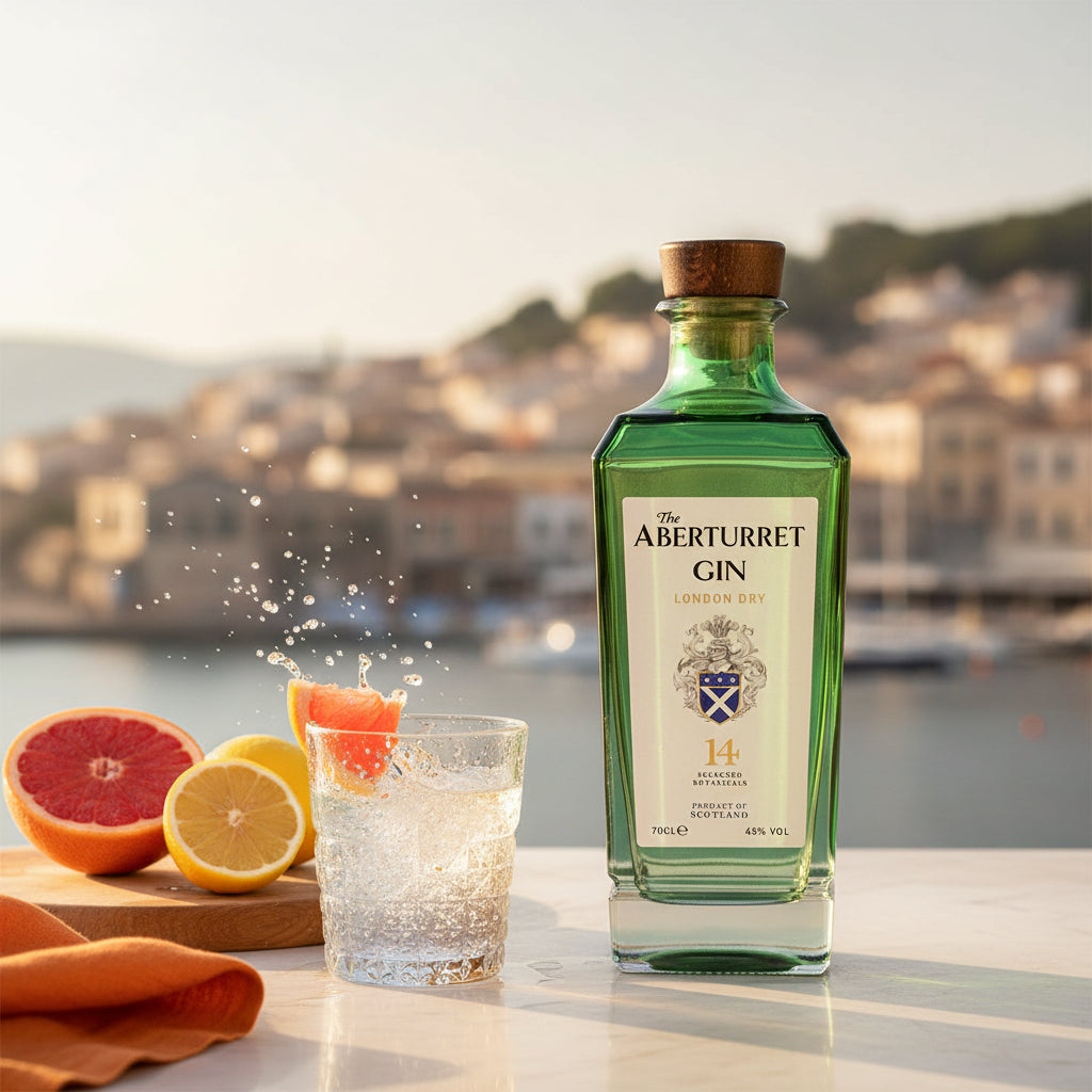 Load image into Gallery viewer, A bottle of Aberturret London Dry Gin stands on a sunlit balcony with a blurred coastal town in the background. A clear glass with ice and a splash of citrus juice sit beside it, along with sliced grapefruit and lemon on a wooden board.