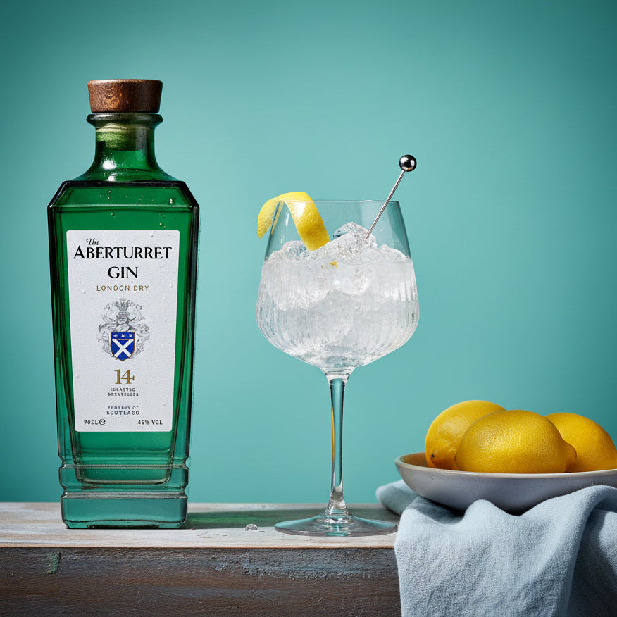 Load image into Gallery viewer, A bottle of Aberturret Gin stands on a wooden surface beside a gin glass filled with ice and a lemon twist, with lemons in a bowl and a folded blue cloth on a teal background.