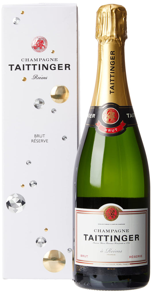 An image of a bottle of Taittinger Brut Reserve Champagne NV beside it's splendid gift box