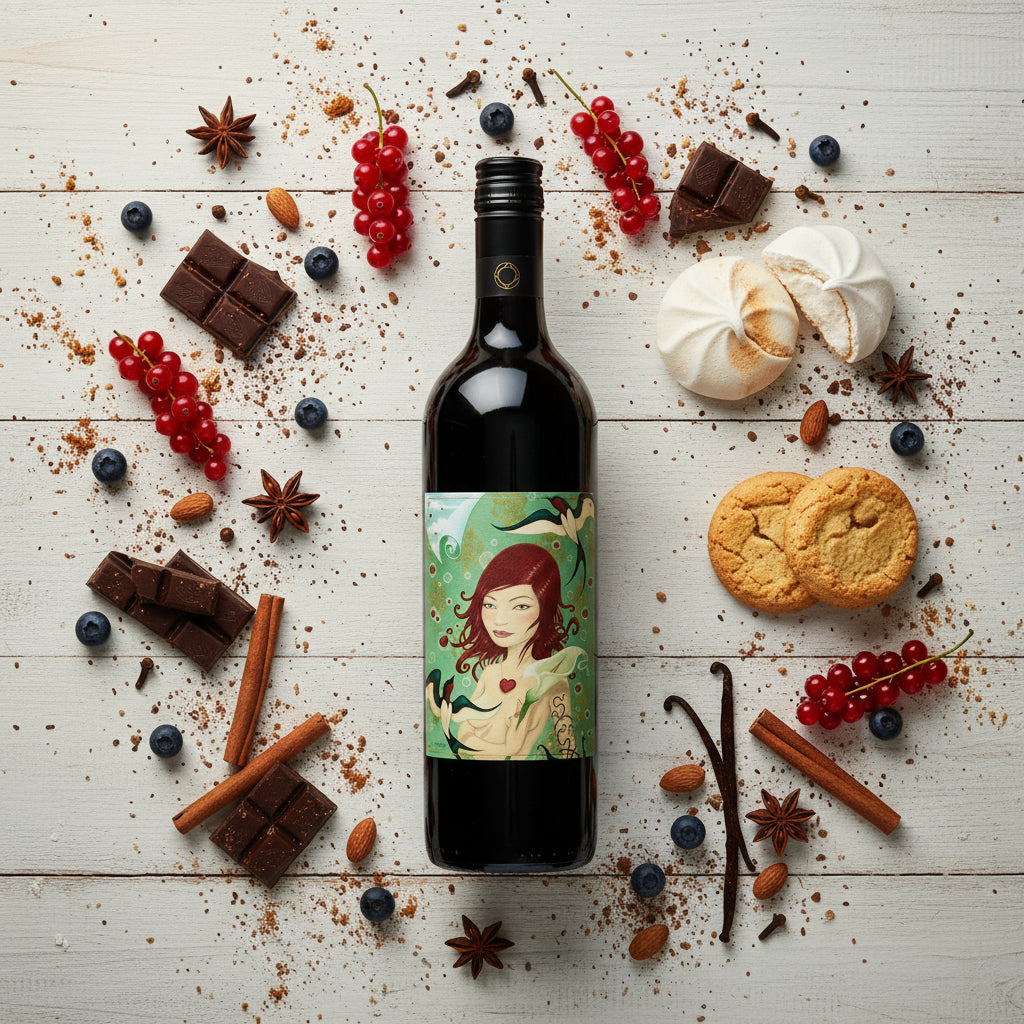 A bottle of Adelina Wines Grenache wine surrounded by cookies, berries, and chocolate on a wooden surface