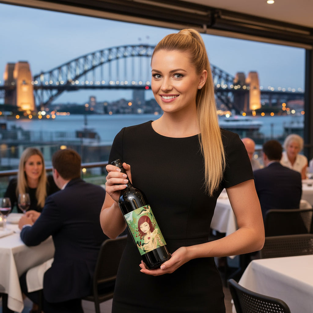 Woman holding a bottle of Adelina Wines Grenache wine with a Sydney Harbour Bridge view in the background