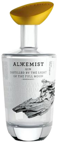 Alxemist gin bottle with a yellow cap and label featuring a horse and moon.