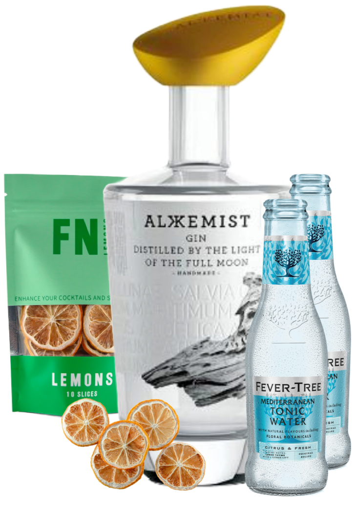 Alkkemist gin bottle with Fever-Tree tonic water and lemon slices on a white background