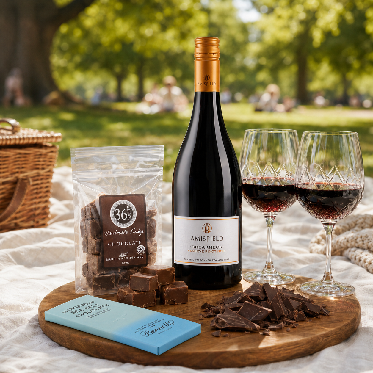 Load image into Gallery viewer, A picnic-style outdoor scene with a bottle of Amisfield Breakneck Pinot Noir red wine, two filled wine glasses, a bag of 36 Handmade Valley chocolate fudge, and a Benett's Mangawhai Sea Salt chocolate bar arranged on a wooden board with loose chocolate pieces. The background shows a blurred green park with trees and people sitting in the distance.