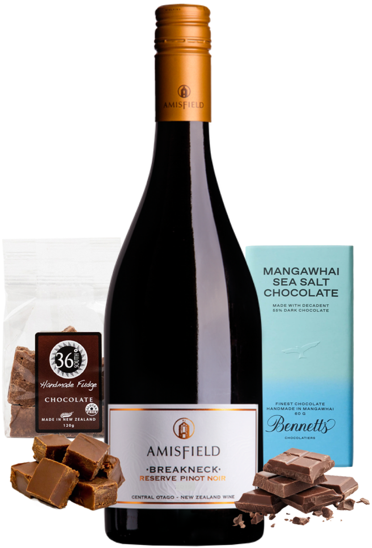Load image into Gallery viewer, A bottle of Amisfield Breakneck Reserve Pinot Noir red wine centered on a white background, surrounded by chocolate pieces, a bag of 36 Degrees chocolate fudge, and a blue Bennett's Mangawhai Sea Salt Chocolate bar.