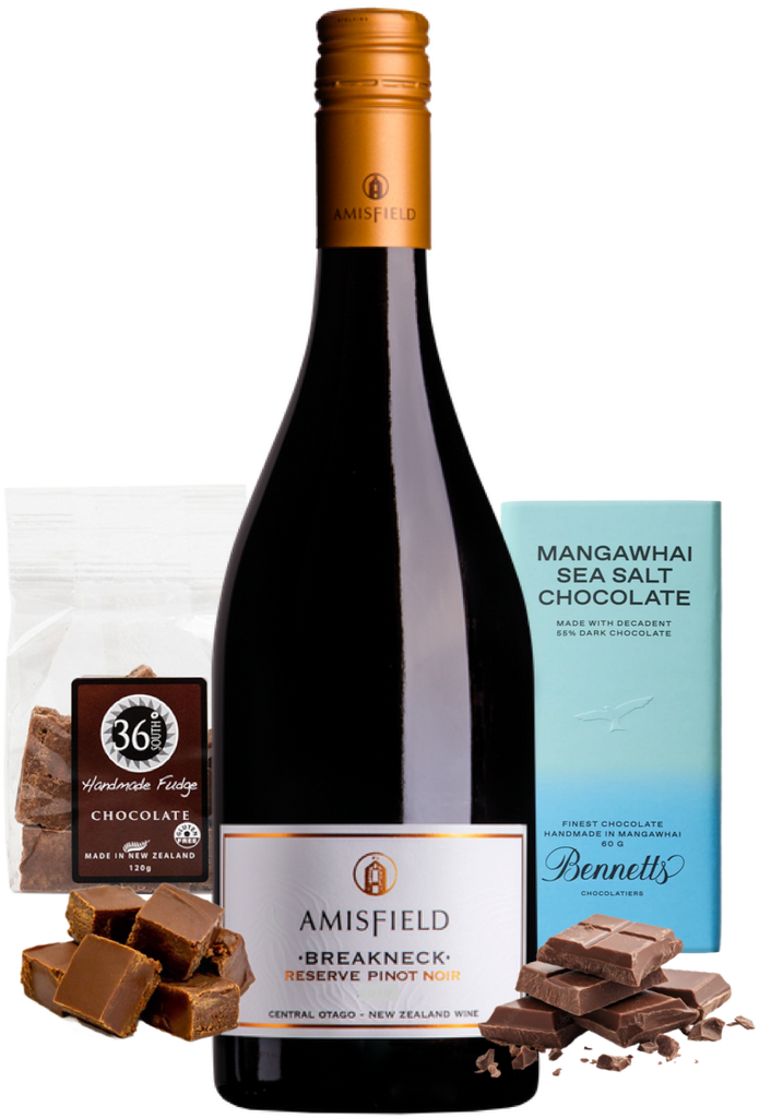 A bottle of Amisfield Breakneck Reserve Pinot Noir red wine centered on a white background, surrounded by chocolate pieces, a bag of 36 Degrees chocolate fudge, and a blue Bennett's Mangawhai Sea Salt Chocolate bar.