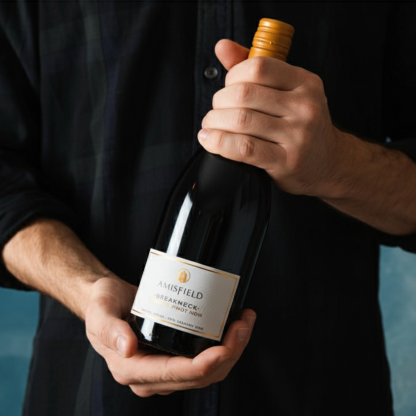 Load image into Gallery viewer, Person holding a bottle of wine with a blurred blue background