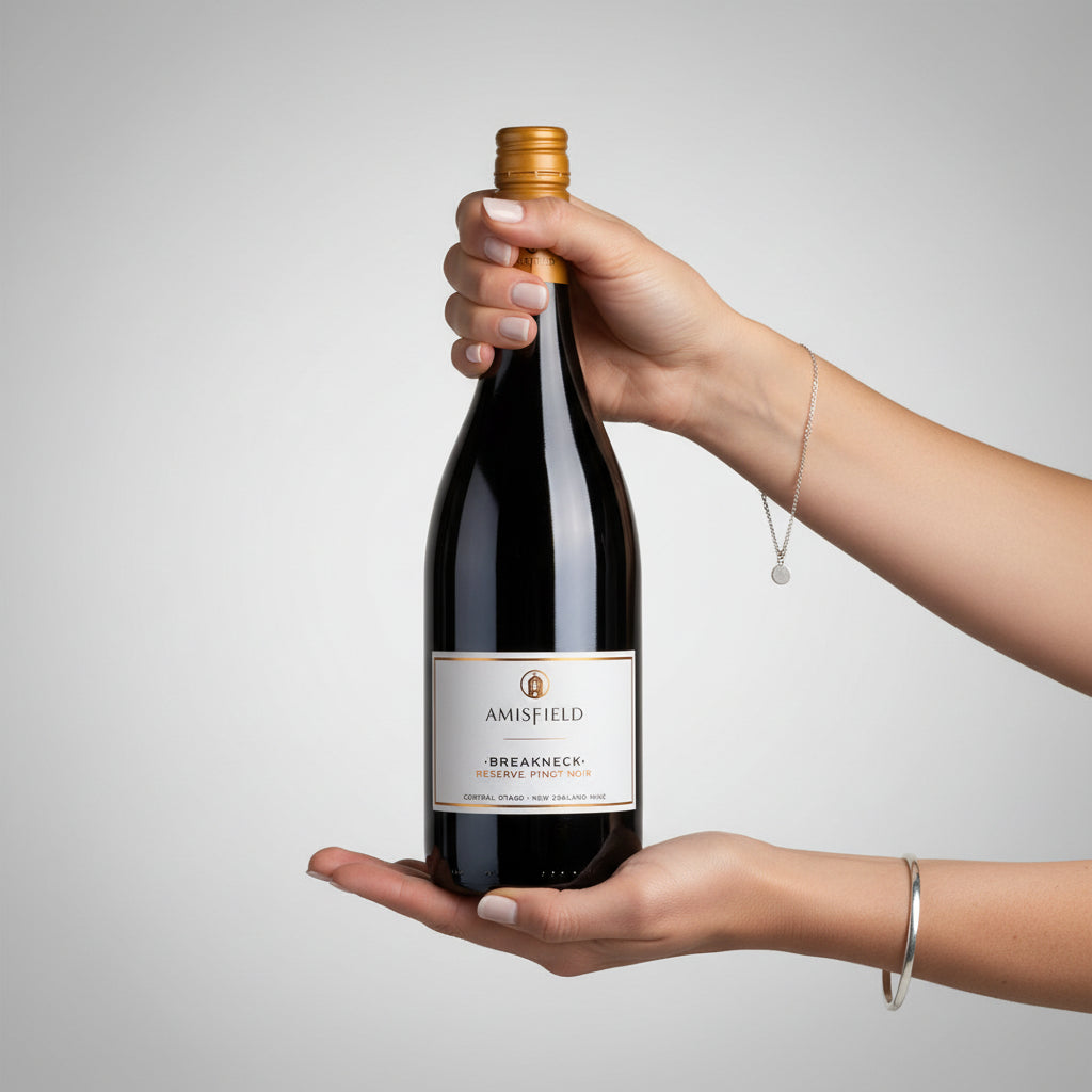 Load image into Gallery viewer, A person's hands holding a bottle of Amisfield Breakneck Pinot Noir Red Wine against a clean, light grey studio background. The bottle is dark glass with a gold foil top and a coloured label.