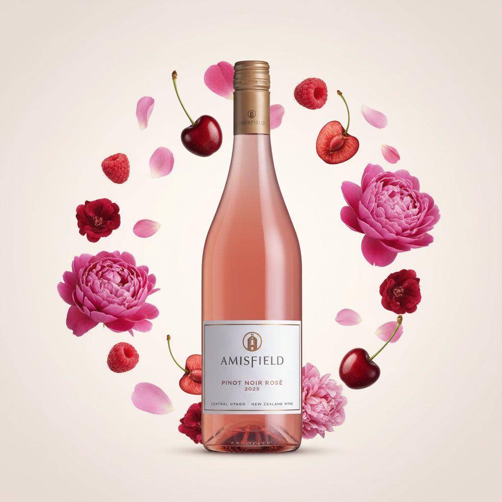 Load image into Gallery viewer, Amisfield Pinot Noir Rosé wine bottle with flowers and cherries on a light pink background