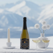 Load image into Gallery viewer, Bottle of Amisfield Methode Traditionelle Brut sparkling wine with two glasses on a snowy surface with a mountainous background.