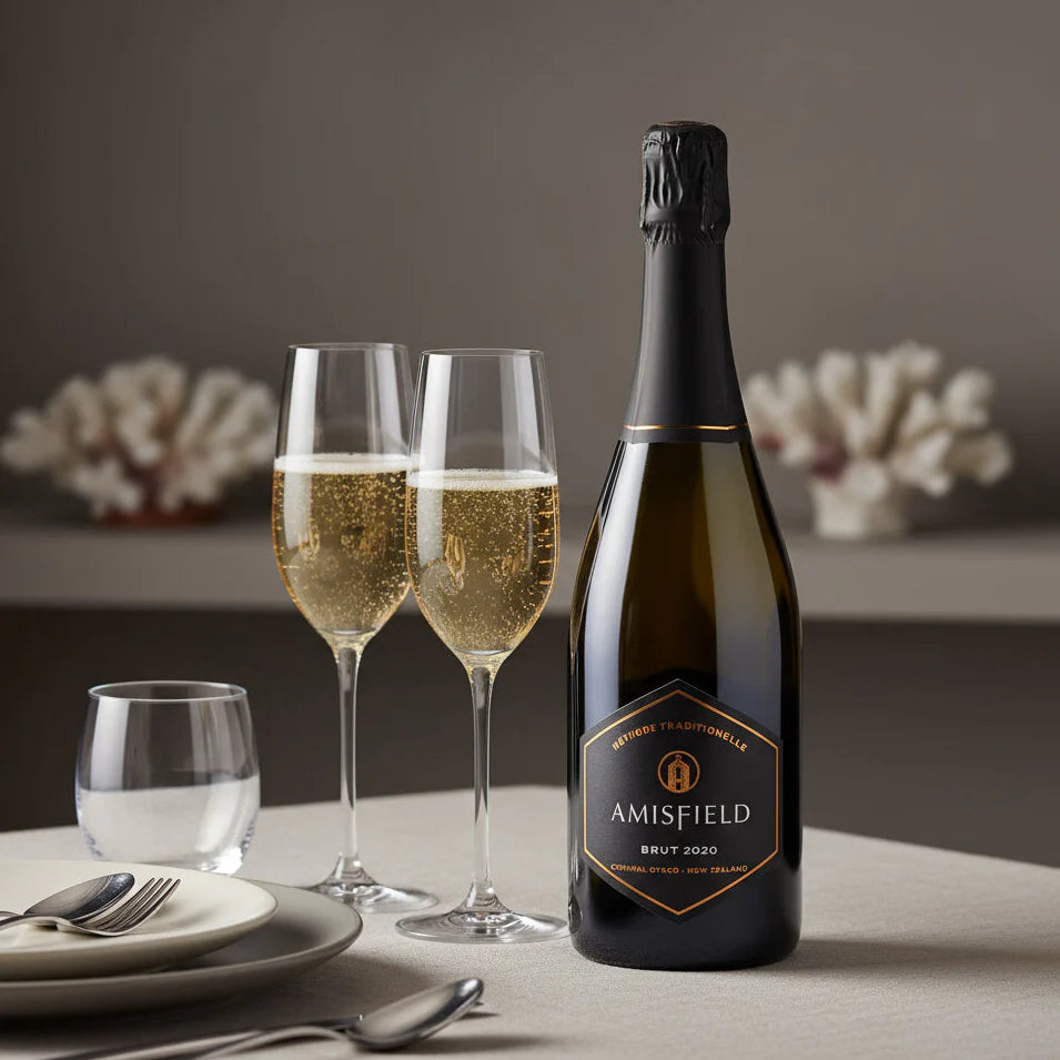 Load image into Gallery viewer, Amisfield sparkling wine bottle with two glasses on a table.