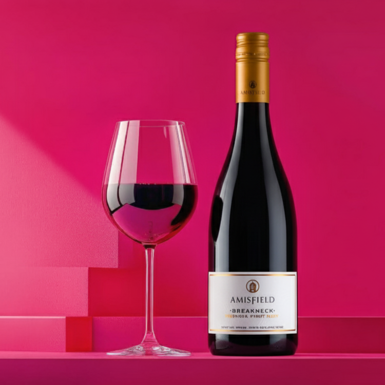Load image into Gallery viewer, Amesfield wine bottle with a glass of red wine on a pink background