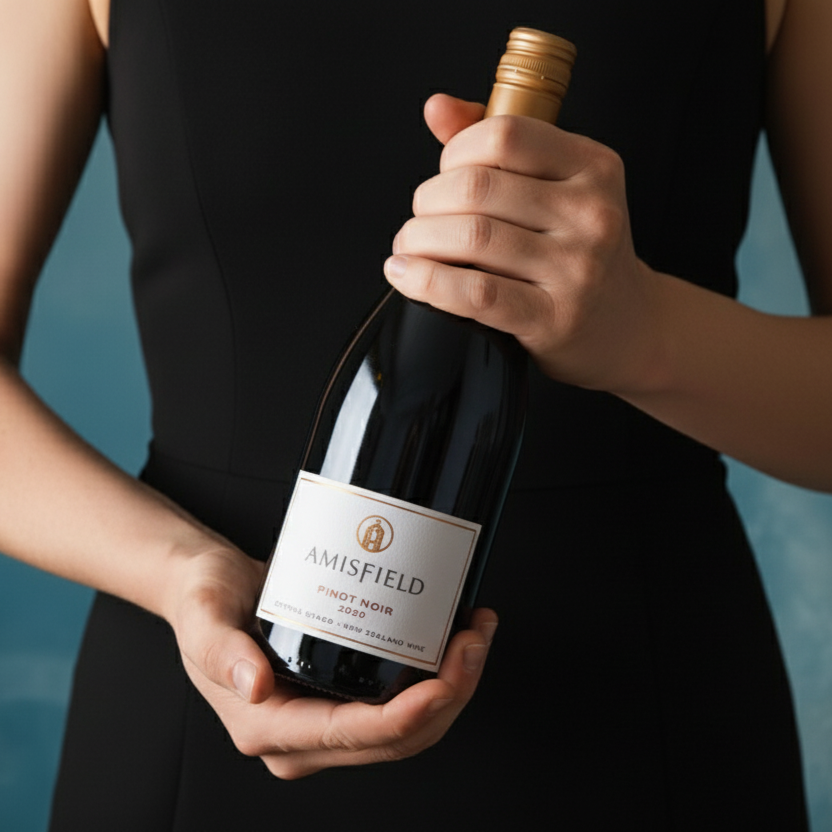 Person holding a bottle of Amisfield wine against a blue background