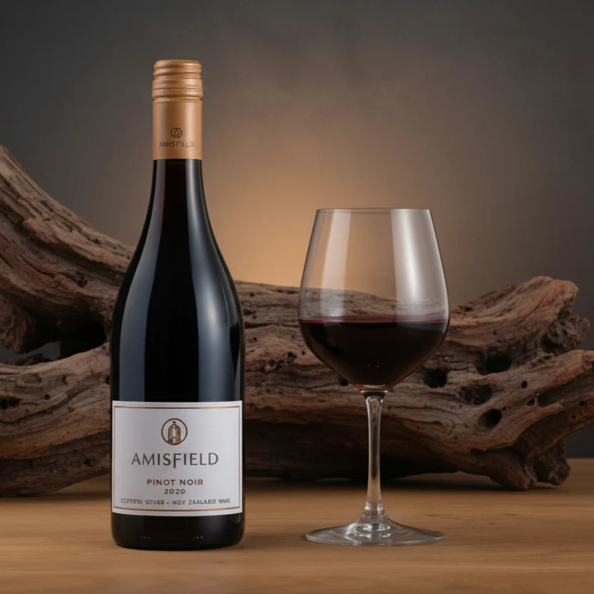 Load image into Gallery viewer, Amisfield Pinot Noir wine bottle with a glass of wine on a wooden surface with driftwood in the background.