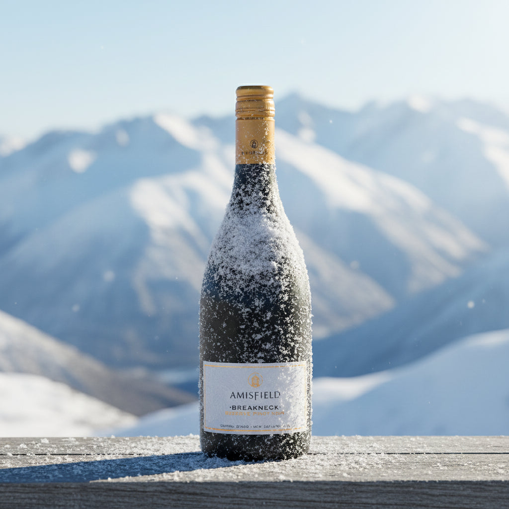 Amisfield-Pinot-Noir-breakneck wine bottle with snow against a mountainous background