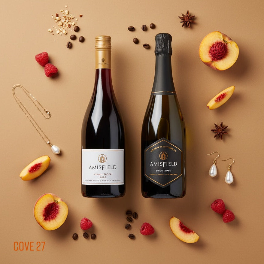 Load image into Gallery viewer, Two Amisfield wine bottles on a brown background with fruit and jewelry.
