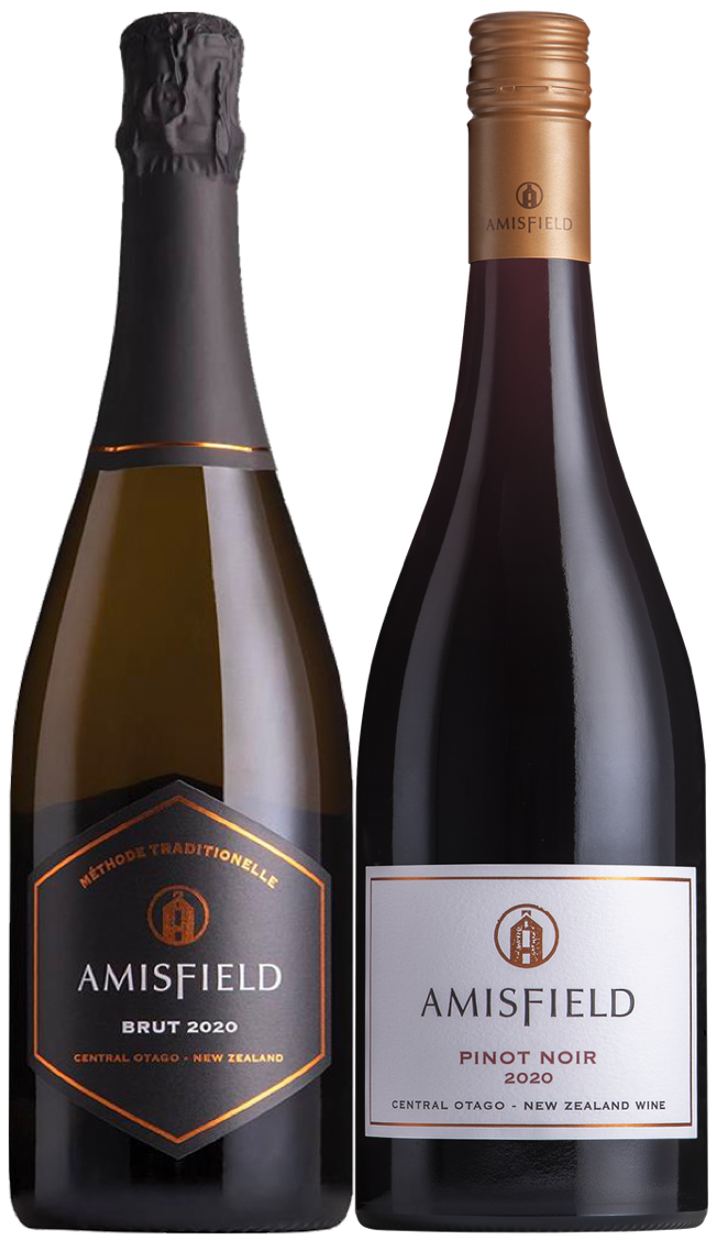An image of a bottle of AMISFIELD MÉTHODE TRADITIONELLE BRUT and a bottle of Amisfield Pinot Noir, together in an Amisfield Gift Box