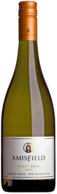 A bottle of Amisfield Pinot Gris wine with a label displaying the brand name and variety, against a plain background.