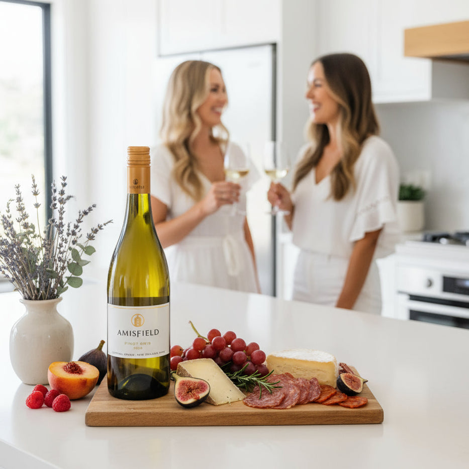 Load image into Gallery viewer, Two woman standing in modern kitchen enjoying a bottle of Amisfield Pinot Gris which the bottle is standing on a bench surrounded by a delicious cheese and meat platter.