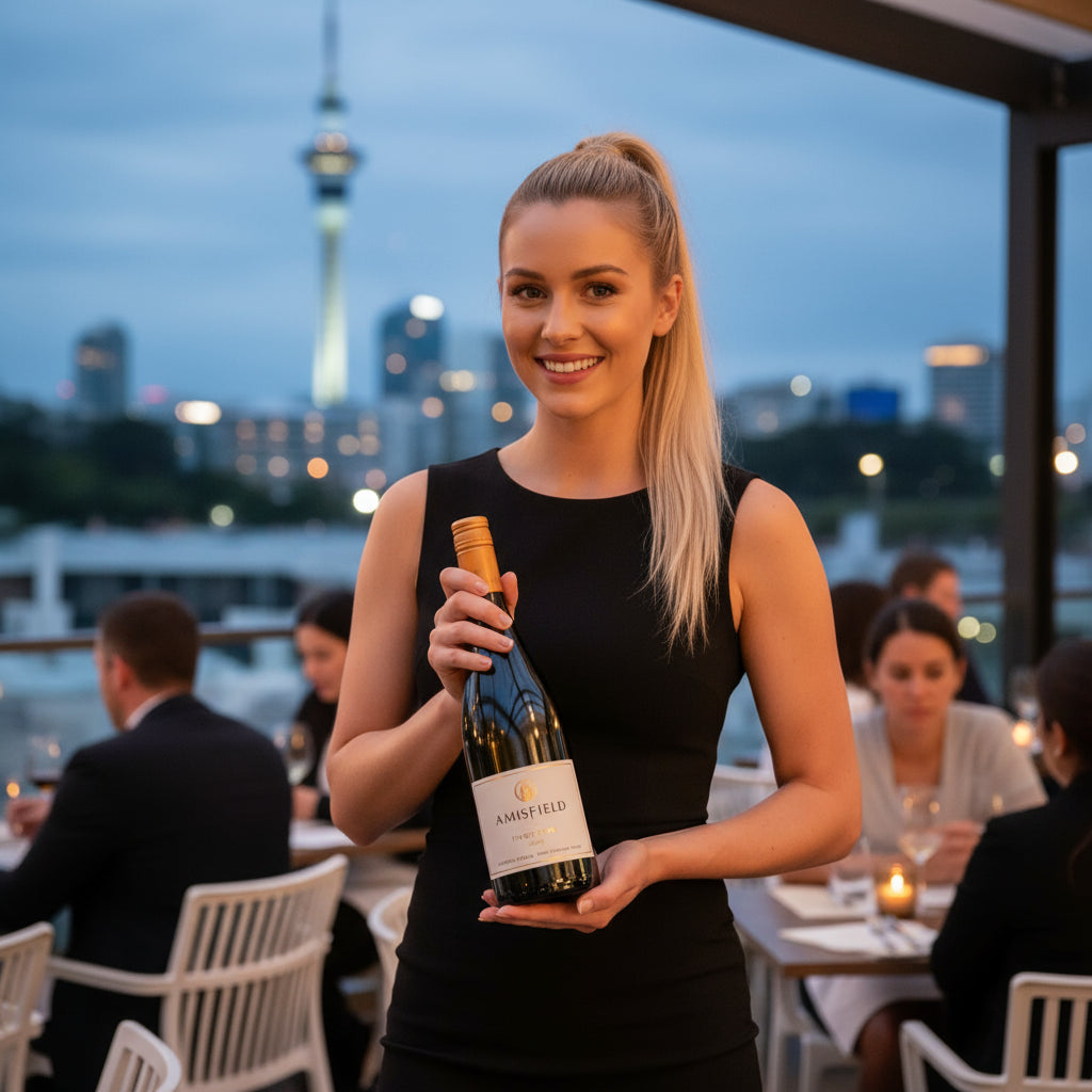 Load image into Gallery viewer, Woman holding a bottle of Amisfield Pinot Gris wine with a cityscape in the background