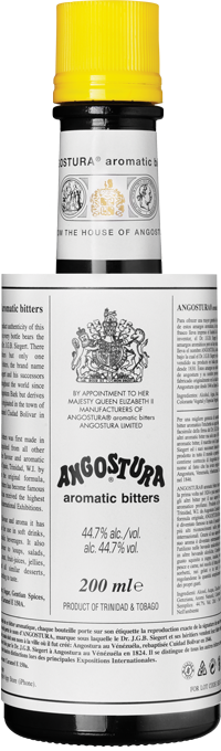A bottle of Angostura Aromatic Bitters with a yellow cap and a label indicating 200ml volume.