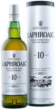 Load image into Gallery viewer, An image of a bottle of Laphroaig 10 Year Old Single Malt Islay Scotch Whisky 700ml next to it&#39;s gift tube box